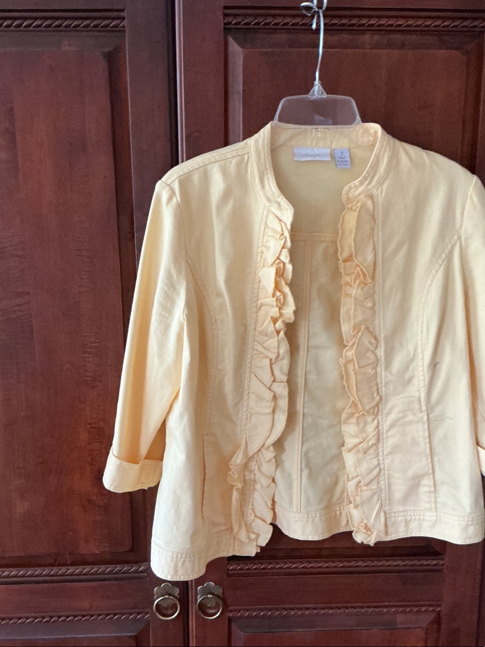Chico's Light Yellow Ruffled Open-Front Jacket